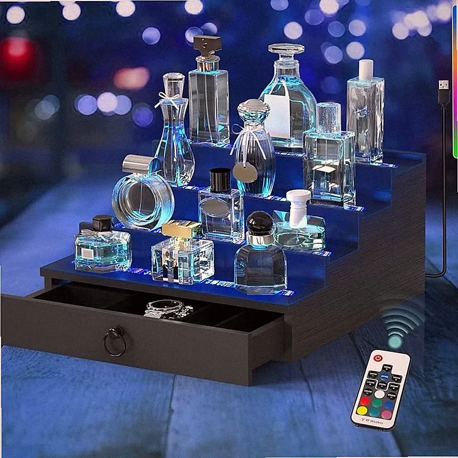 LED Lighted Cologne Organizer for Men, 4 Tier Wood Perfume Organizer with Velvet